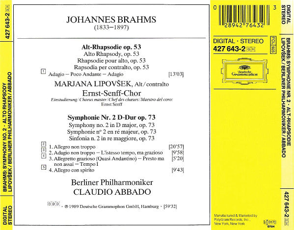 Johannes Brahms, Marjana Lipovšek • Ernst Senff Chor Berlin, Berliner Philharmoniker • Claudio Abbado - Symphonie No. 2 • Alto Rhapsody (CD) - 1989