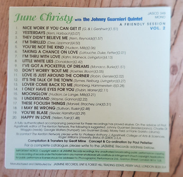 June Christy With Johnny Guarnieri Quintet - A Friendly Session Vol. 2 (CD) - 1999