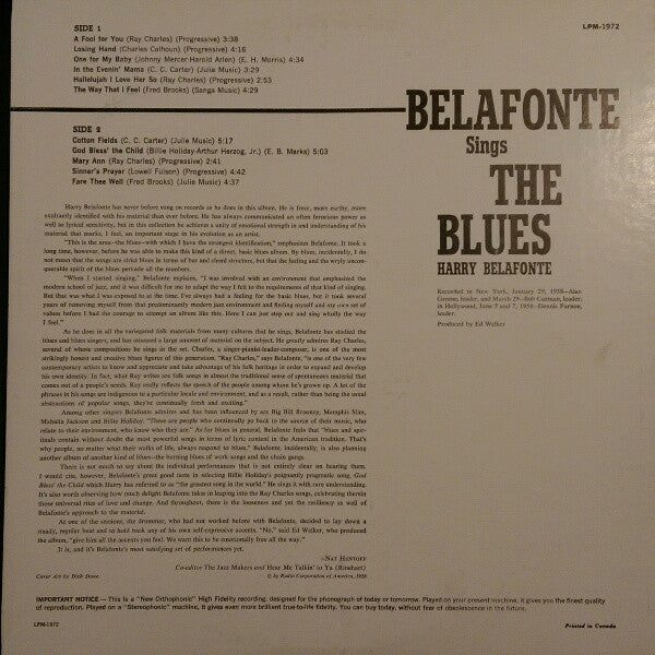 Harry Belafonte - Belafonte Sings The Blues Vinyl Record