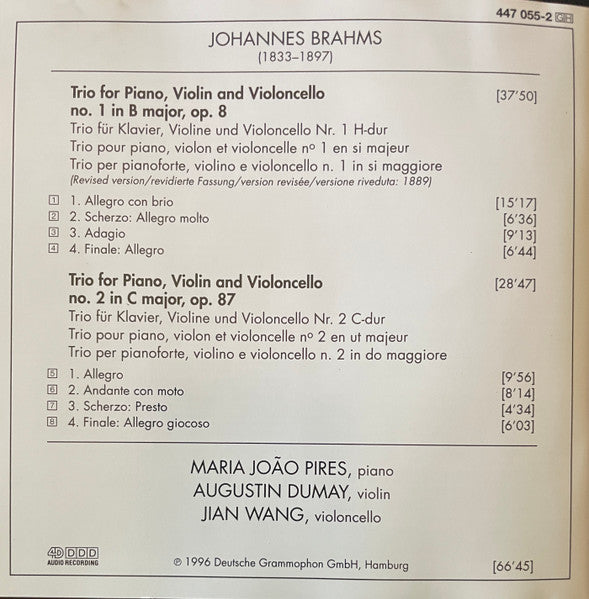 Johannes Brahms, Maria João Pires, Augustin Dumay, Jian Wang - Piano Trios Nos. 1 & 2 = Klaviertrios (CD) - 1996