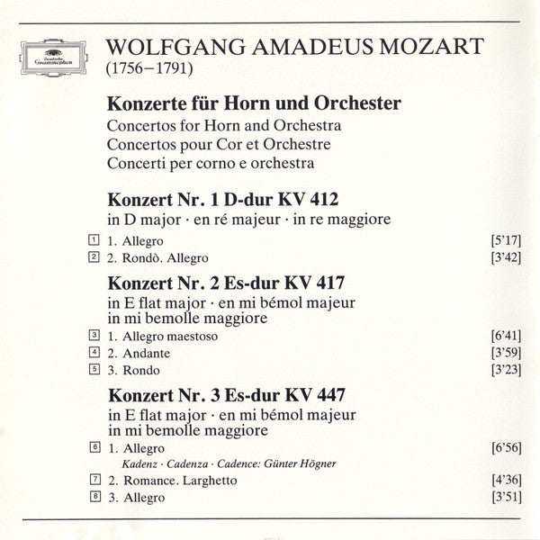 Wolfgang Amadeus Mozart, Günter Högner · Wiener Philharmoniker, Karl Böhm - Hornkonzerte - Horn Concertos (CD) - 1984