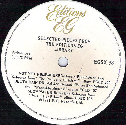 Various - Selected Pieces From The Editions EG Library - 1981