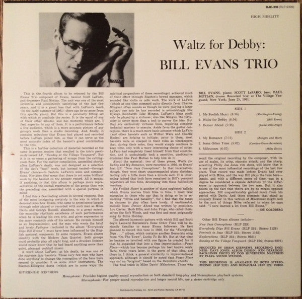 Bill Evans Trio, The With Scott LaFaro, Paul Motian - Waltz For Debby - 1985