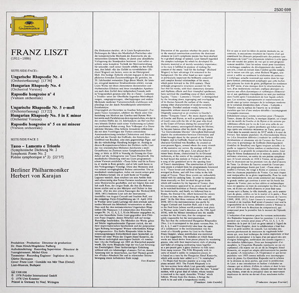 Franz Liszt, Berliner Philharmoniker ∙ Herbert von Karajan - Ungarische Rhapsodien Nr.4 U. 5 = Hungarian Rhapsodies / Tasso: Lamento E Trionfo - 1977