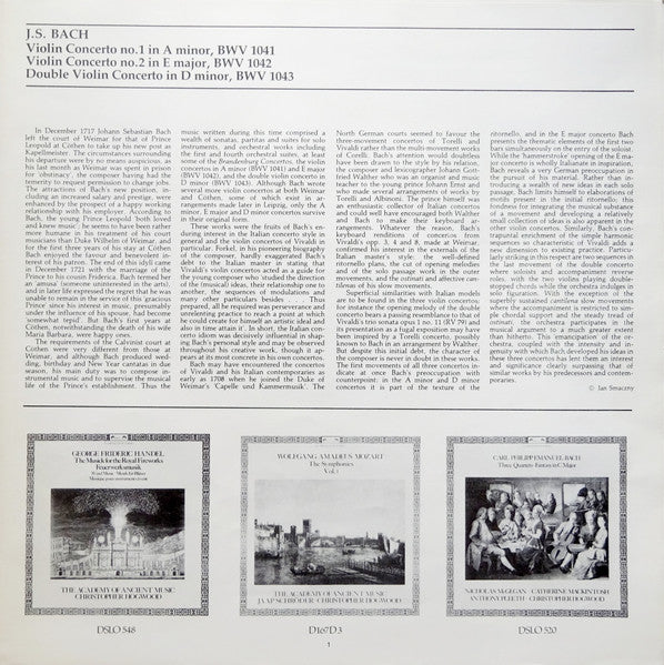 Johann Sebastian Bach - Jaap Schröder, Christopher Hirons, Academy Of Ancient Music, The, Christopher Hogwood - Violin Concertos 1 & 2 / Concerto For 2 Violins - 1982