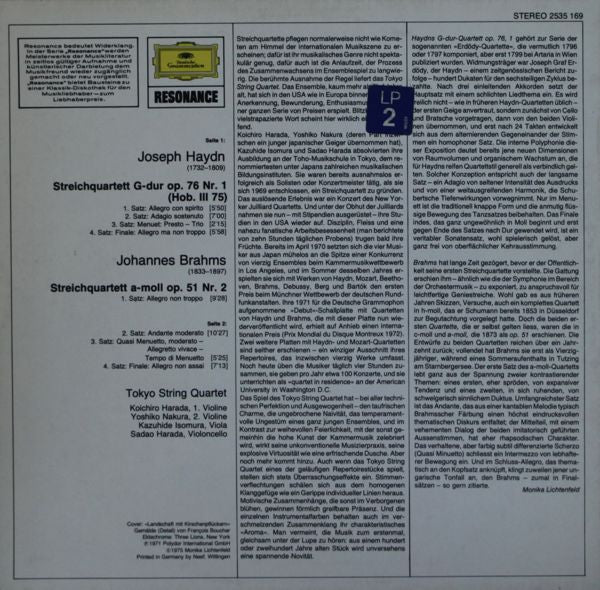 Joseph Haydn, Johannes Brahms, Tokyo String Quartet - Streichquartett Op. 76 Nr. 1 / Streichquartett Op. 51 Nr. 2 - 1975