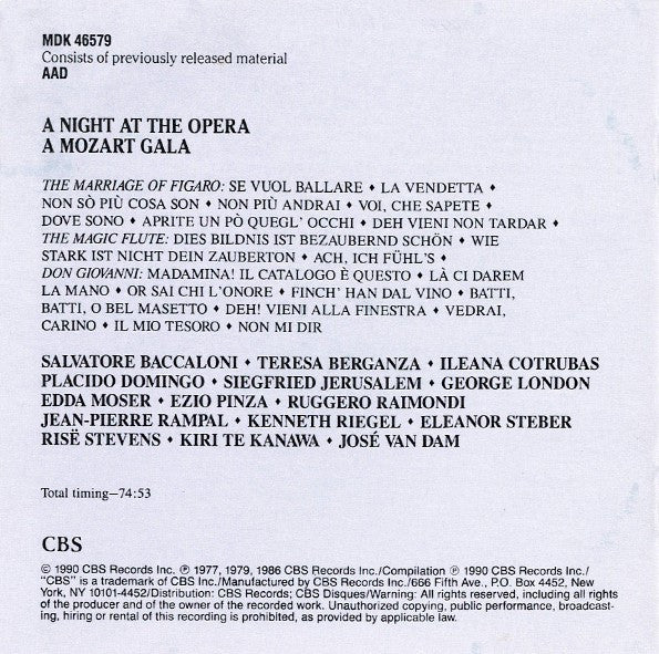 Wolfgang Amadeus Mozart - A Night At The Opera - A Mozart Gala (CD) - 1990