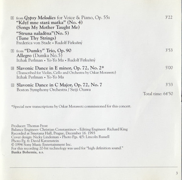 Antonín Dvořák, Rudolf Firkušný, Yo-Yo Ma, Itzhak Perlman, Frederica von Stade, Boston Symphony Orchestra, Seiji Ozawa - Dvořák In Prague (A Celebration) (CD) - 1994