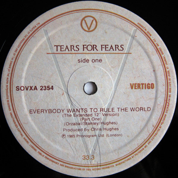 Tears For Fears - Everybody Wants To Rule The World (The Extended 12" Version) (Part One) Vinyl Record