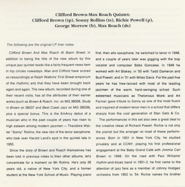 Clifford Brown And Max Roach - At Basin Street (CD) - 1990