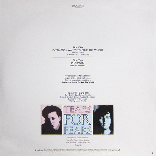 Tears For Fears - Everybody Wants To Rule The World (The Extended 12" Version) (Part One) Vinyl Record