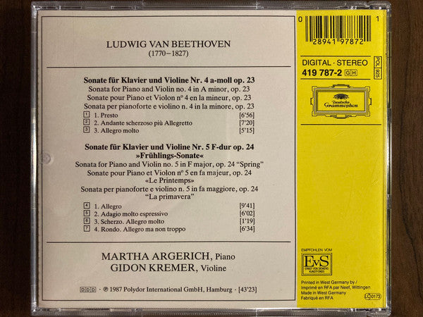 Ludwig van Beethoven, Gidon Kremer, Martha Argerich - Violinsonaten = Violin Sonatas Nos. 4 & 5 »Frühlings-Sonate = Spring = Le Printemps« (CD) - 1987